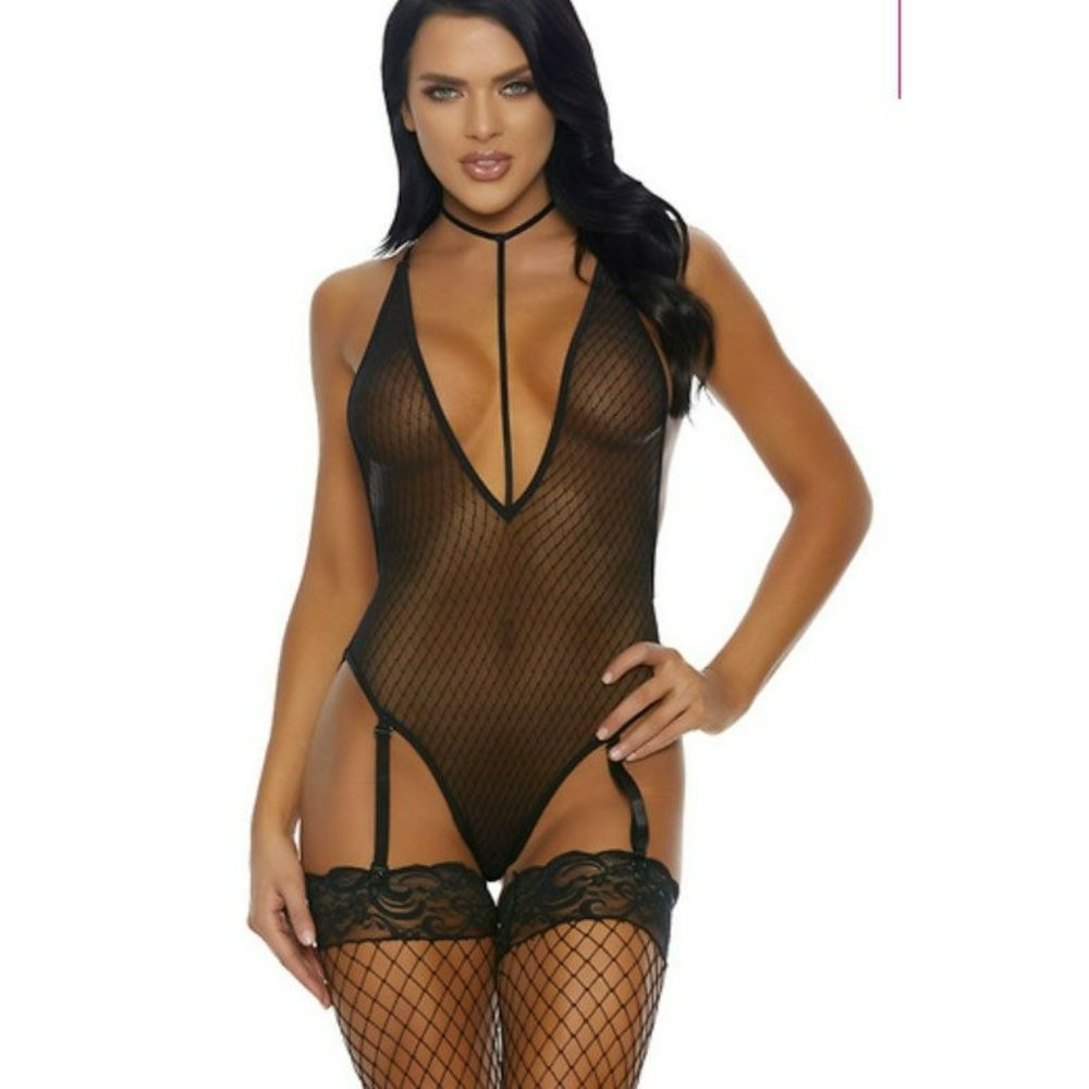 FORPLAY‎ BLACK LOW CUT STRAPPY CHOKER LINGERIE TEDDY NEW $34